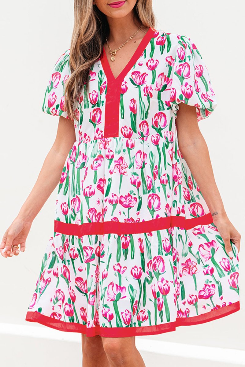 Pink Floral Print Contrast Trim V Neck Bubble Short Sleeve Babydoll Dress - Love Salve